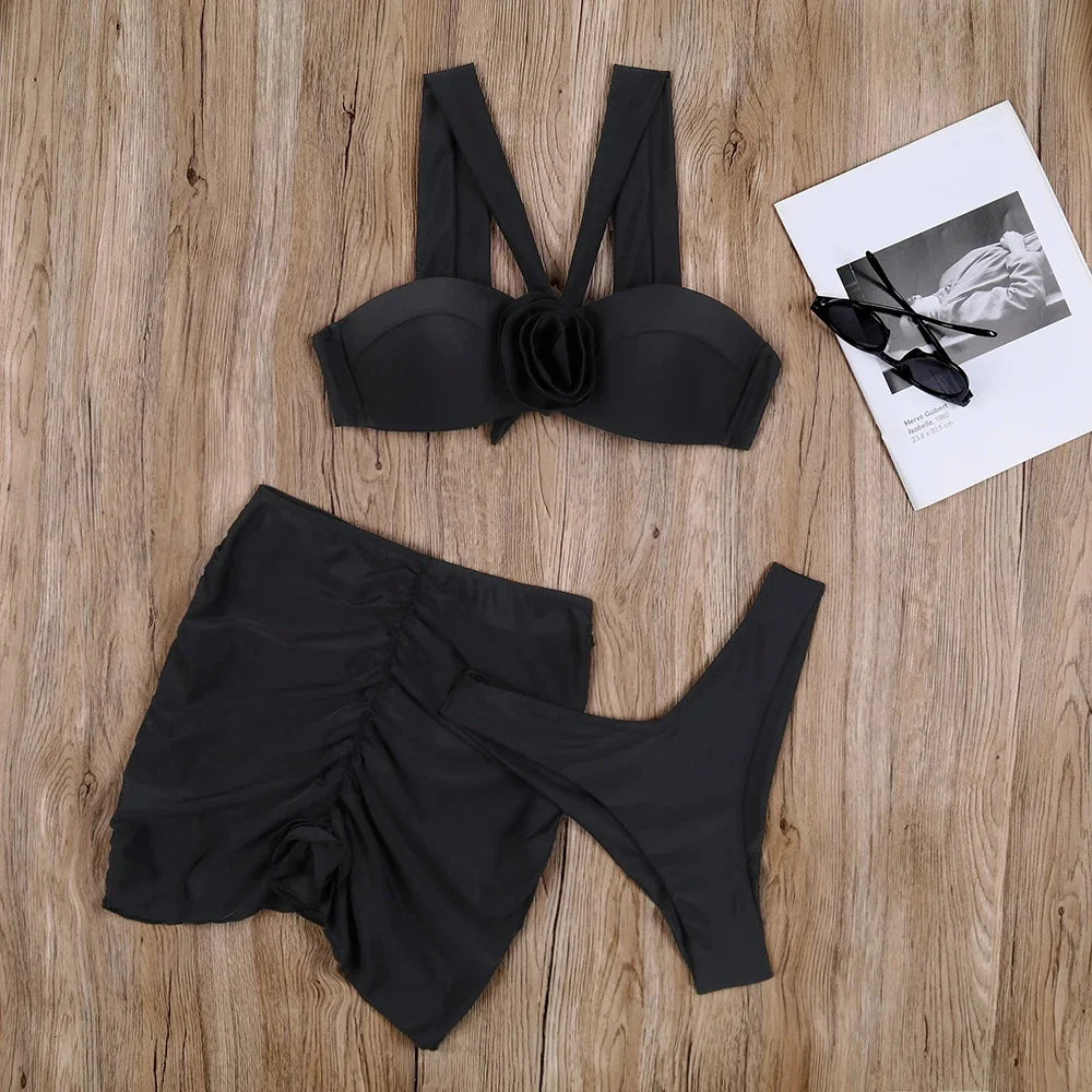 2024 Three Pieces Bikini Set Cover Up Swimwear Women Swimsuit Solid Floral Lace Push Up Bathing Suit Beachwear Swimming Biquini