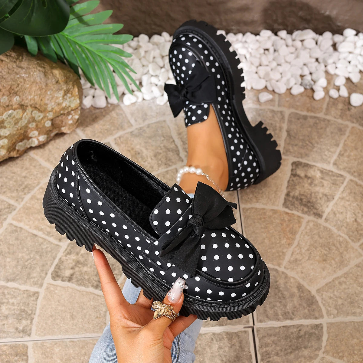 Women Polka Dot Print Platform Loafer Shoes Bow Decor Slip On Chunky Lug Sole Round Toe Sweet Preppy Casual Dress Shoes