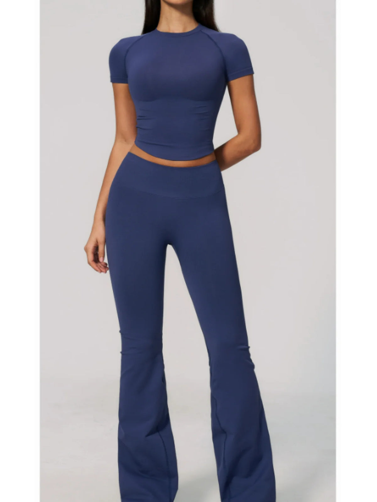Seamless High Elasticity Yoga Sets Women Short Sleeve O Neck Sports T Shirts Workout Outfits Running Wide Leg Pants Fitness Suit