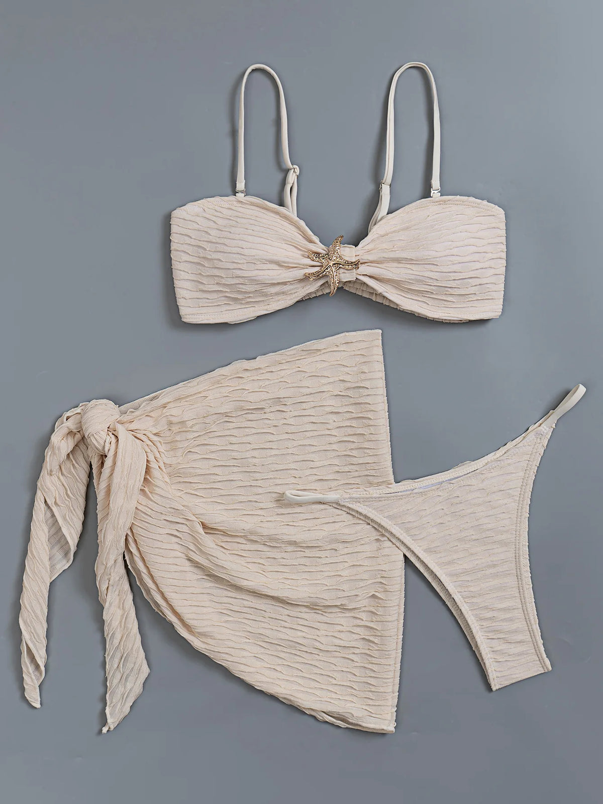 Sexy Starfish Pleate Push Up Bikini Set 2026 Women Beige Striped Cover Up 3 Piece Thong Swimsuit Beach Bathing Suit Swimwear