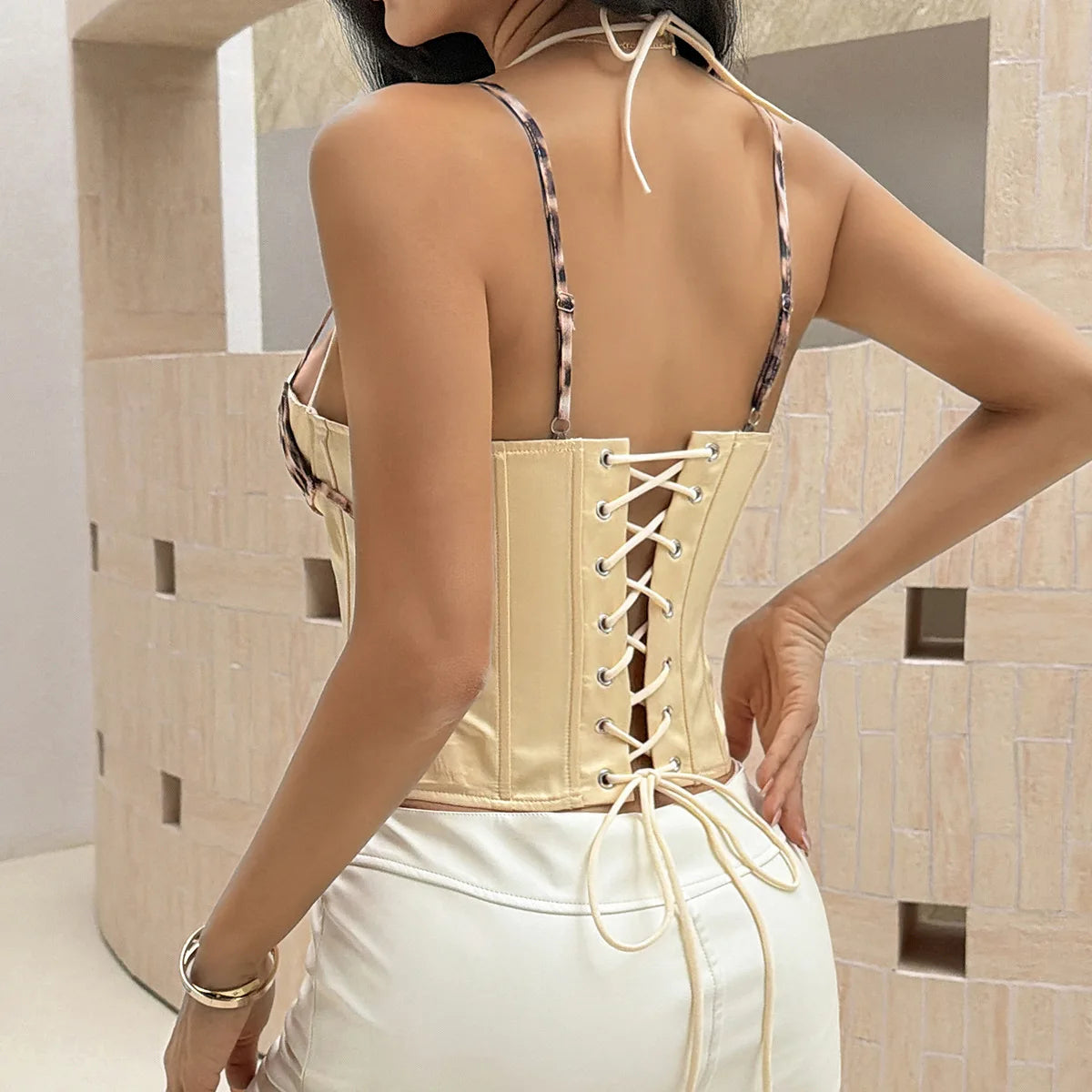 Sexy Yellow Leopard Print Contrast Camis Corset Women Front Tie Underwire Fishbone Tank Top Bandage Cross Skinny Club Party Vest
