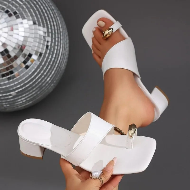 Female Chunky Heel Slippers Summer Fashion Square Head Shoes Lightweight Non-slip Square Head Open Toe Solid Color Sandals