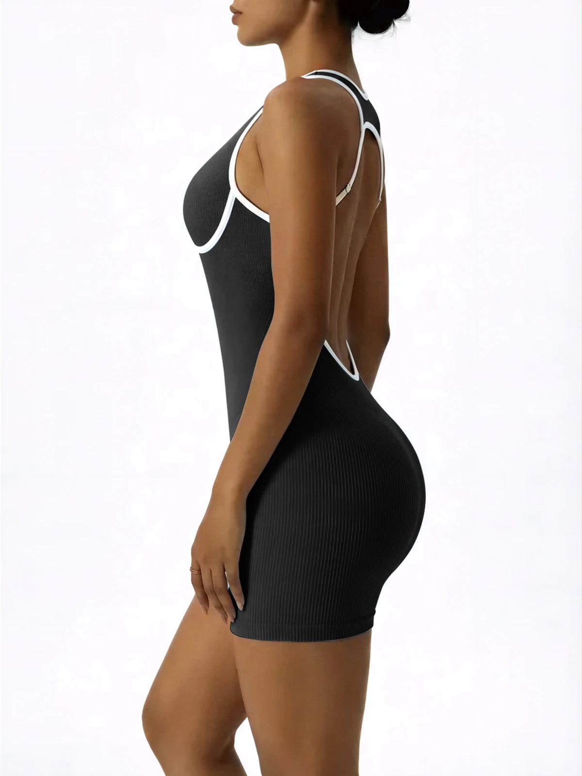 Sleeveless Contrast Trim Backless Yoga Romper Seamless Body Shaping Sport Jumpsuit for Running Training