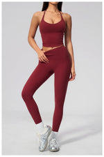 Women Tracksuit 2PCS Seamless Yoga Sets Hanging V Neck Slim Sports Tank Top Fitness Outfits Gym Running High Waist Leggings Suit