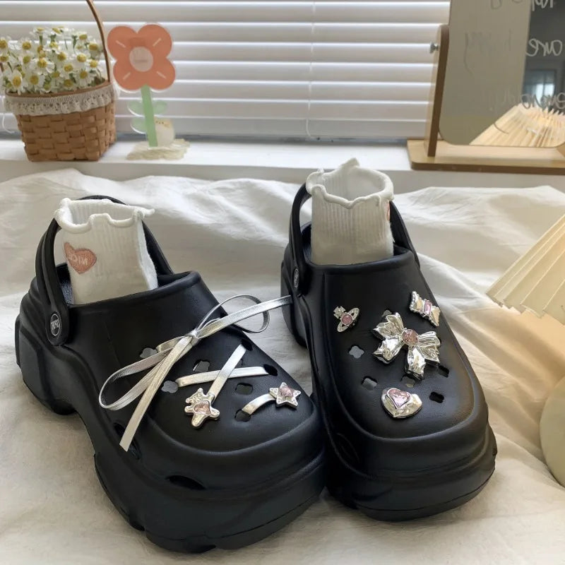 Cute DIY Bow knot Fashion Clogs For Women Indoor Street Slippers Thick Sole Female Summer Shoes Soft EVA Girls Beach Sandals