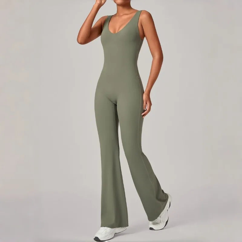 Women's Seamless Yoga Jumpsuits Sports Fitness Sleeveless Hip-lifting Flared One-piece Workout Gym Training Slim Fit Bodysuits