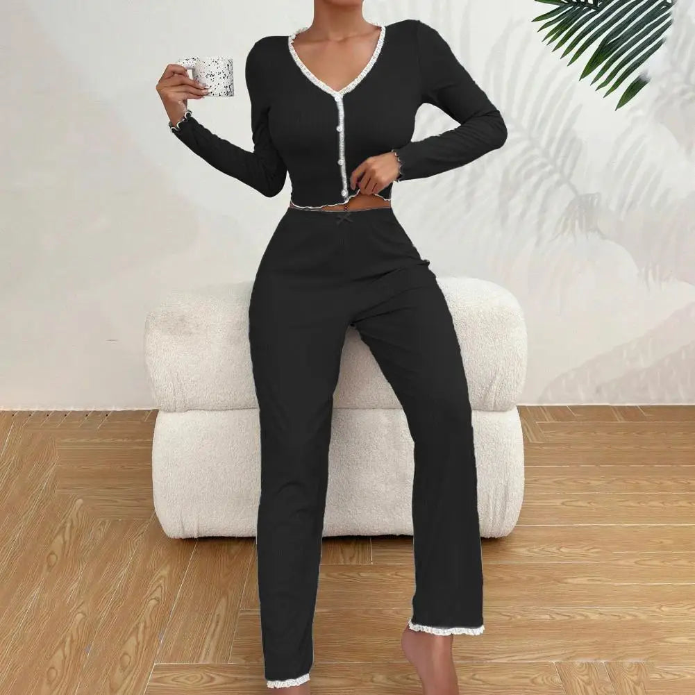 Womens Lace Trim Ribbed Knit Pajamas Set Long Sleeve Crop Top Wide Leg Pants Lounge Set 2 Piece Sleepwear