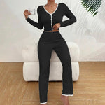 Womens Lace Trim Ribbed Knit Pajamas Set Long Sleeve Crop Top Wide Leg Pants Lounge Set 2 Piece Sleepwear