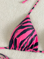 Women's Bikini Set, Two-Piece Sexy Swimsuit, Rose Red and Black Zebra Print, Side Tie Briefs, Lace-Up Triangle Bag