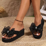 Black Mesh Bowknot Wedges Slippers Women Plus Size 36-43 Outdoor Platform Flip Flops Woman Summer Lightweight Clip Toe Sandals