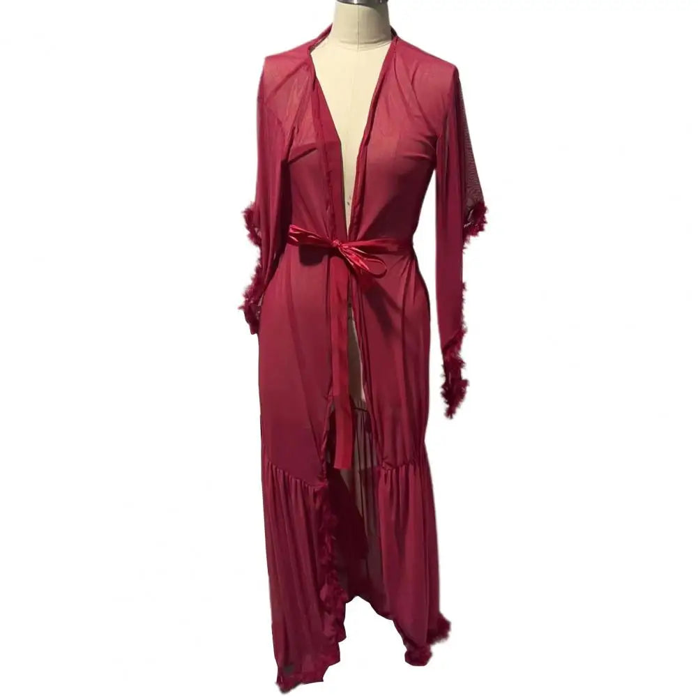 See-through Women Bath Party Dress Mesh Fluffy Sleeve Pleated Lace-up Bow Waist Wedding Night Honeymoon Bathrobe Nightdress