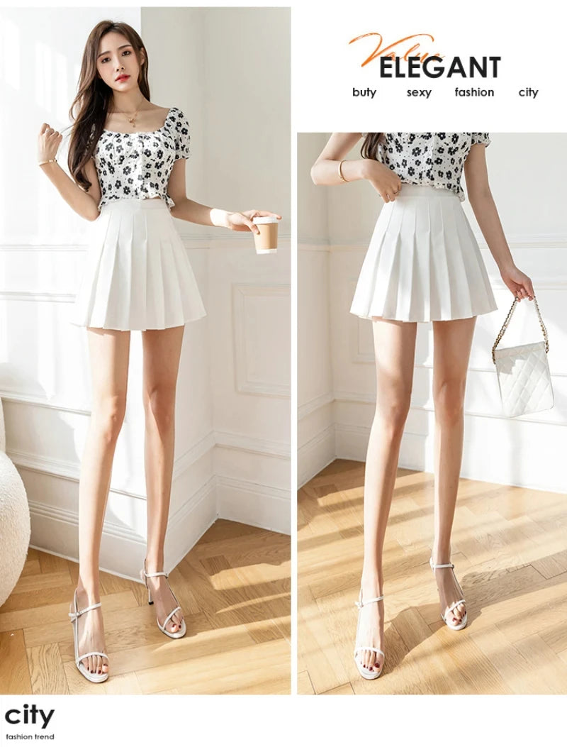 Women High Waist Pleated Skirt with Safety Shorts, Black A Line Mini Skort for Casual Office School Style Outfits