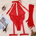 New Purple Sexy Lace Bodysuits Deep V Neck Halter Mesh Solid Color Bodysuits CharmingPure Desire Transparent Flower Print OOB5