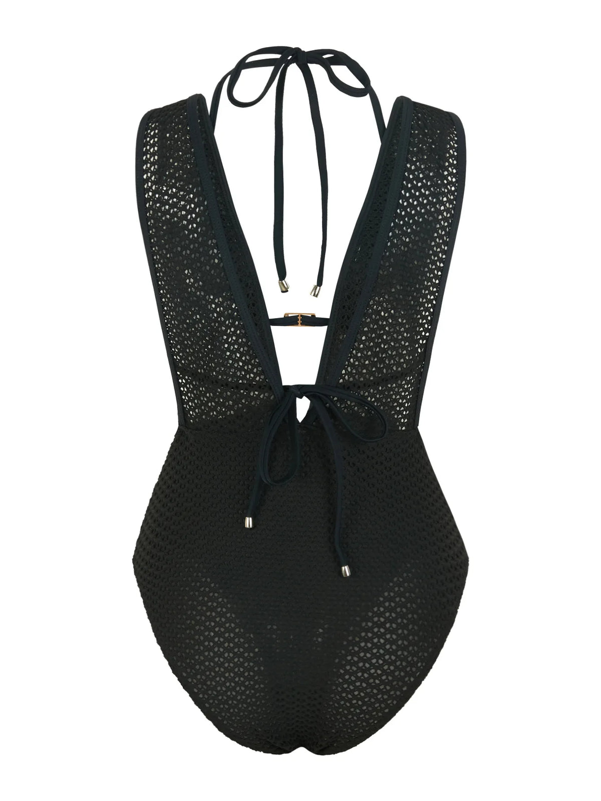 S - XL Deep V Neck Knit Fishnet Mesh One Piece Swimsuit Women Swimwear Female Backless Monokini High Leg Cut Bathing Suit Swim