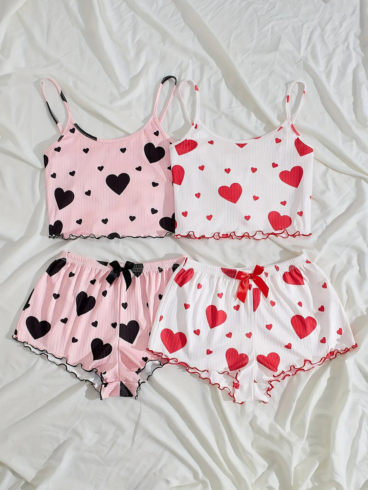 Women Heart Print Ribbed Pajama Set Sleeveless Cami Top and Ruffle Shorts Summer Two Piece Loungewear Sleepwear