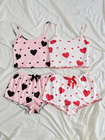 Women Heart Print Ribbed Pajama Set Sleeveless Cami Top and Ruffle Shorts Summer Two Piece Loungewear Sleepwear