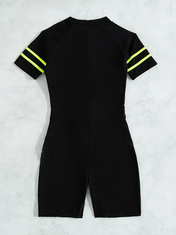 Zipper Mesh Surf One Piece Swimsuit Women Neon Green Solid Black Tummy Control Swimwear Beach Bathing Suit Swimming Set Monokini