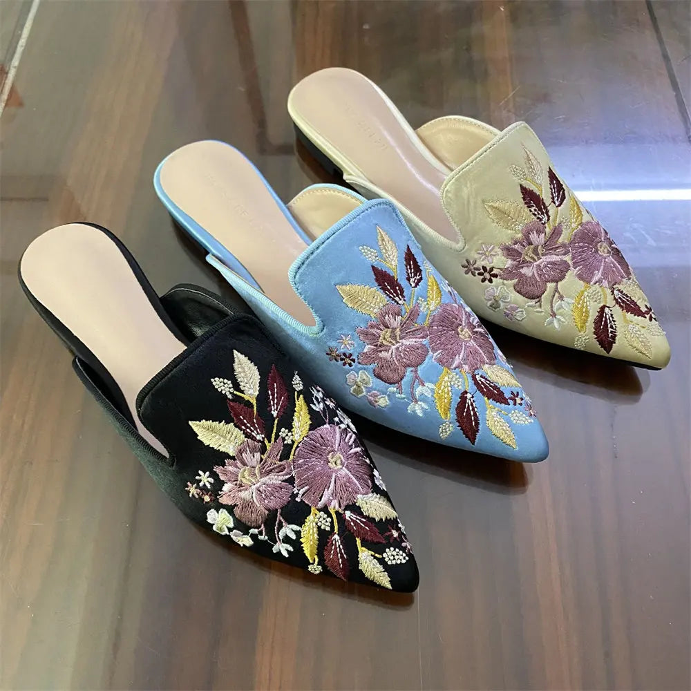 2026 Big Size 43 Summer Women's Blue Mules Slipper Sandals with Silk Flowers Embroidery Comfy Walking Slide Flat Satin Shoes
