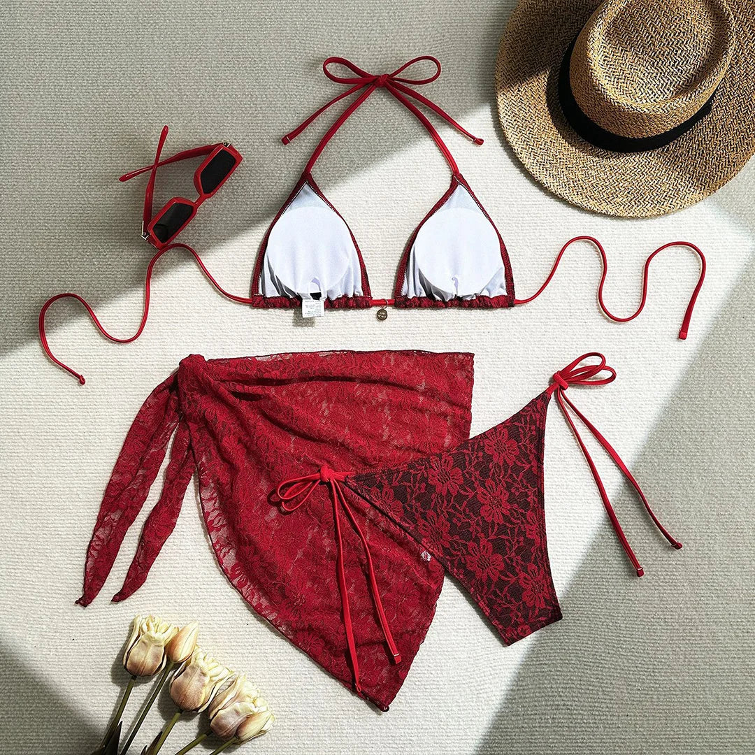 Mesh Sarong Lace Halter High Cut Bikini Female Swimsuit Women Swimwear Three-Pieces Bikini Set Bather Bathing Suit Swim V6284