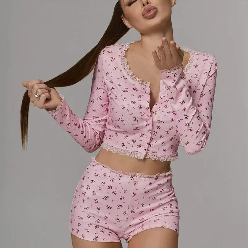 Summer Floral Lace Trim Pajama Set Women's Sleepwear Short Sleeve Top and Shorts Casual Comfortable Loungewear