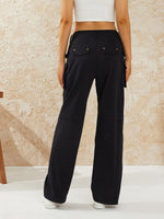 Women Solid Color Loose Cargo Pants Zipper Button Closure Casual Street Trousers with Pockets Black/Khaki/Wine red/Army Green