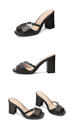 Summer New Fashion Open Toe Solid Color Simple Leather Surface Versatile Color Large Slippers Square Heel Shoes Women