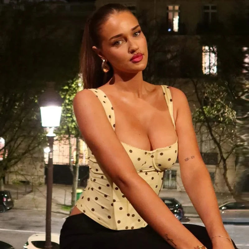 FDYOUI 2026 Summer Women's Polka Dot Camisoles Fashion Sexy Sleeveless T-shirt Backless Slim Corset Female Crop Tops Streetwear