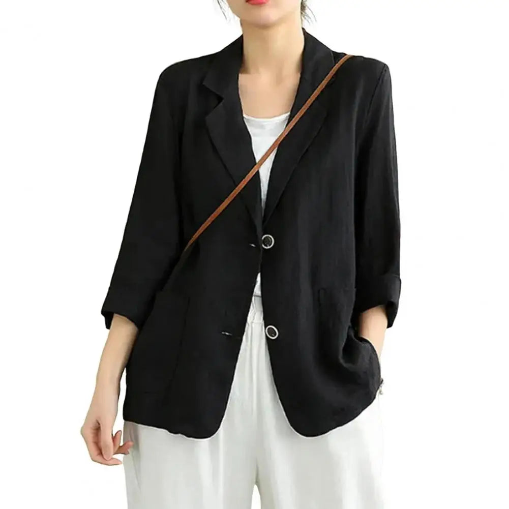 Vintage Long Sleeve Blazer Jacket Cotton Linen Coat for Women Casual Lapel 2 Buttons Thin Coat with Pockets