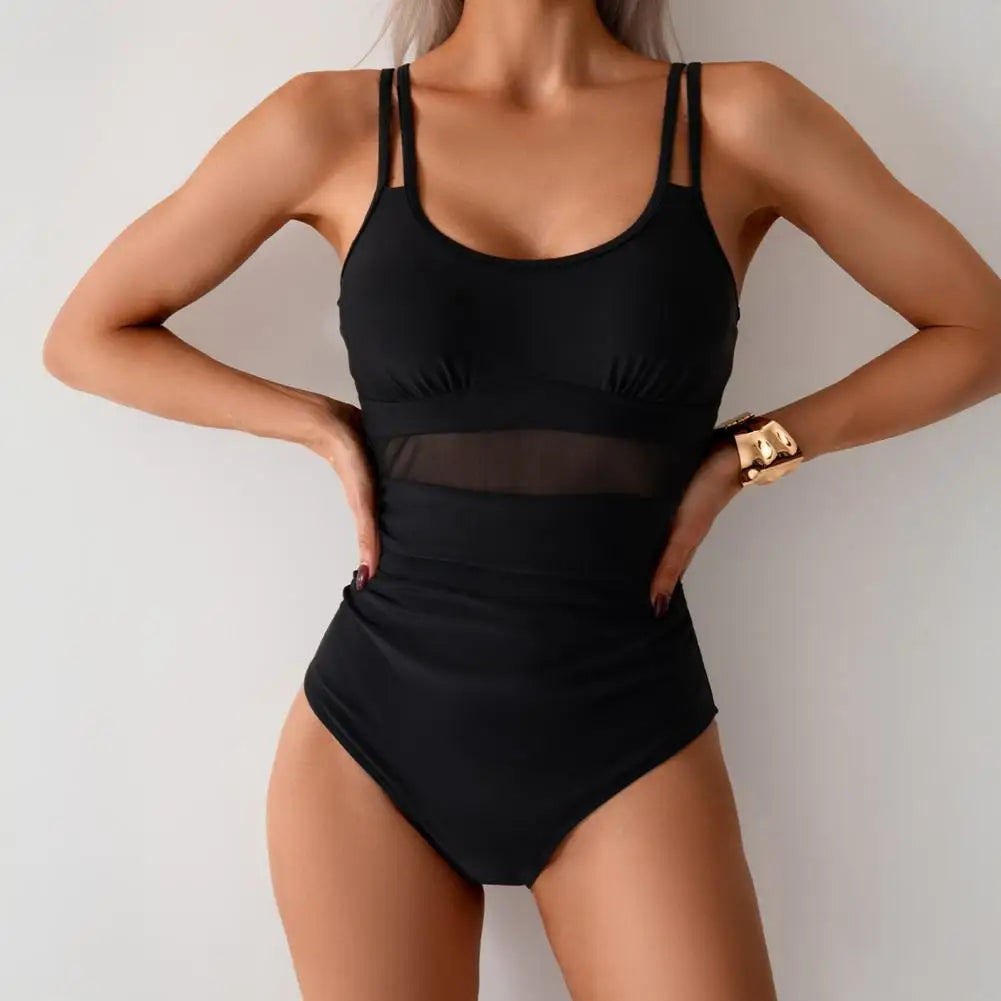 Women One-piece Swimsuit U-neck Sleeveless Backless Sexy Monokini Mesh Splicing Slim Fit Tummy Control Removable Pads Swimwear