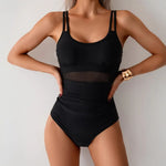 Women One-piece Swimsuit U-neck Sleeveless Backless Sexy Monokini Mesh Splicing Slim Fit Tummy Control Removable Pads Swimwear
