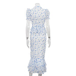 FDYOUI V-neck Short Sleeve Single Breasted Ruffles Blouse Tops+Mermaid Skirts Suits Elegant Floral Print Midi Dress 2 Piece Set