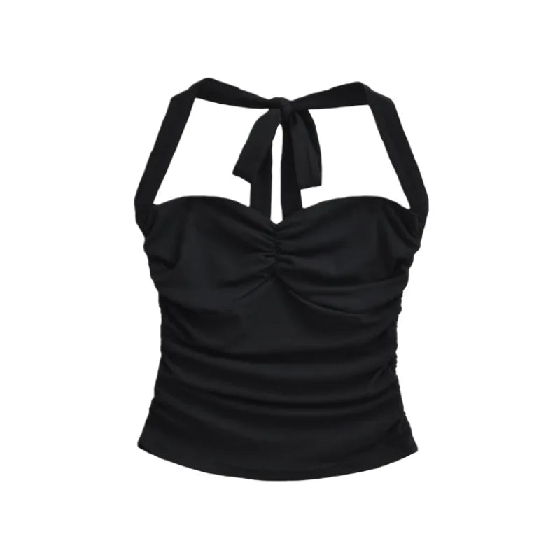 New Women's Fashion Sexy Backless Halter Neck Tie-up Ruched Tube Top Ultra-short Camisole Top In Solid Color Pure Desire F1MR
