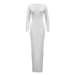 Trendy Solid Color Slim Long Dresses Women Sexy Deep V-neck Hollow Out Leace-up Package Hip Bodycon Party Dress Female Vestidos