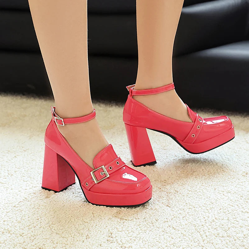 Plus Size Smooth Patent Leather Instep Metal Belt Square Buckle Platform High Thick Heel Ankle Buckle Sweet Lolita High Heels