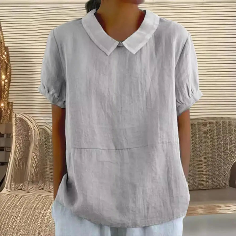 Summer Women Shirt Lapel Short Sleeve Solid Color Pullover Top Solid Color Loose Fit Shirt Tops Casual Streetwear