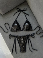 DEKA Black Sequin Bikini Set Triangle Women Halter Push Up Bra Tie Side Thong Swimsuit 2026 Bathing Suit Holiday Micro Swimwear