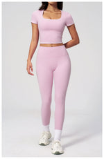 2PC Color Contrast Yoga Suit Women Short Sleeve Square Collar Slim Sports Top Fitness Suits Outdoor Exercise Leggings Tracksuit