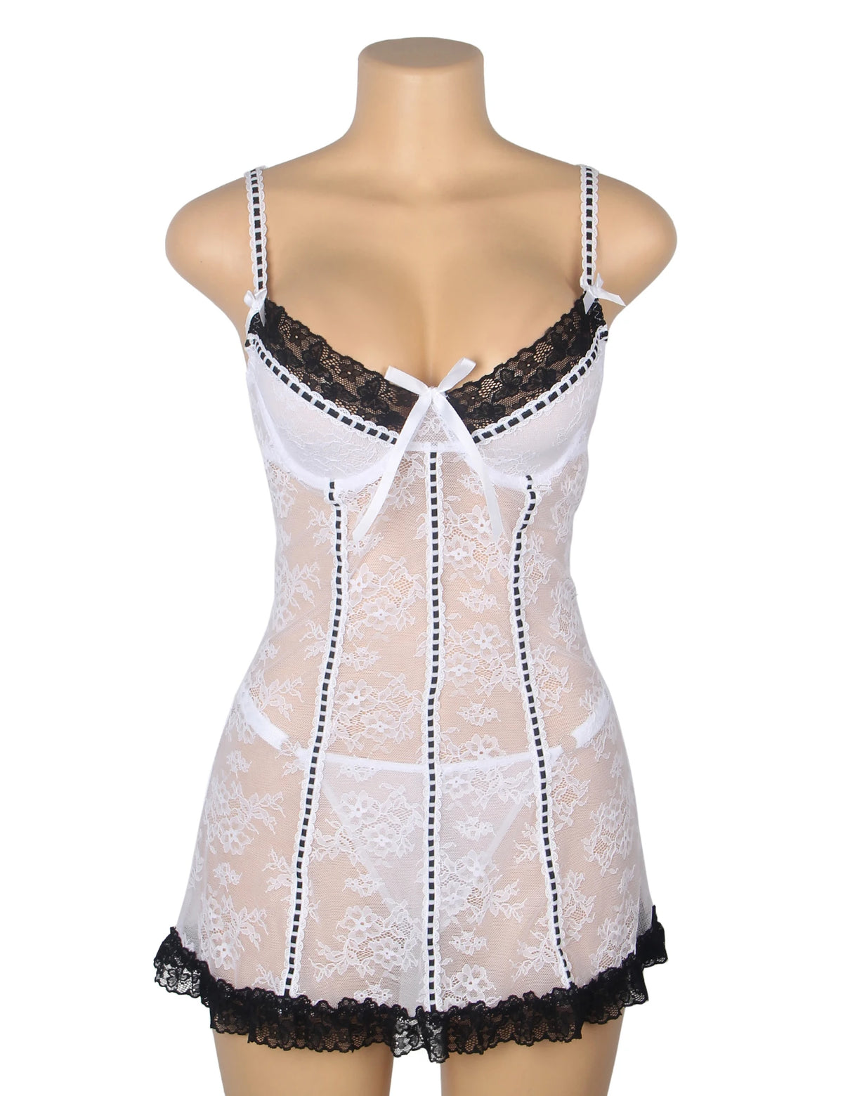 Black Sexy Lace Ruffled Suspender Babydoll Nightdress for Women Push Up Chemise Sleepwear Lingerie