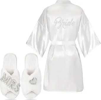 2 Pcs Personalized Initial Bride Slippers and Bride Robe Mrs Slippers Bridal Robe Bridal Shower Gifts for Wedding Day