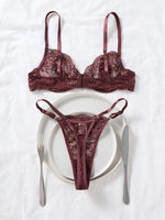 Deep Brown Lace Sexy Deep V Bra And G-string Transparent Hollow Design Women's Underwear Set Costume/Intimate Wear