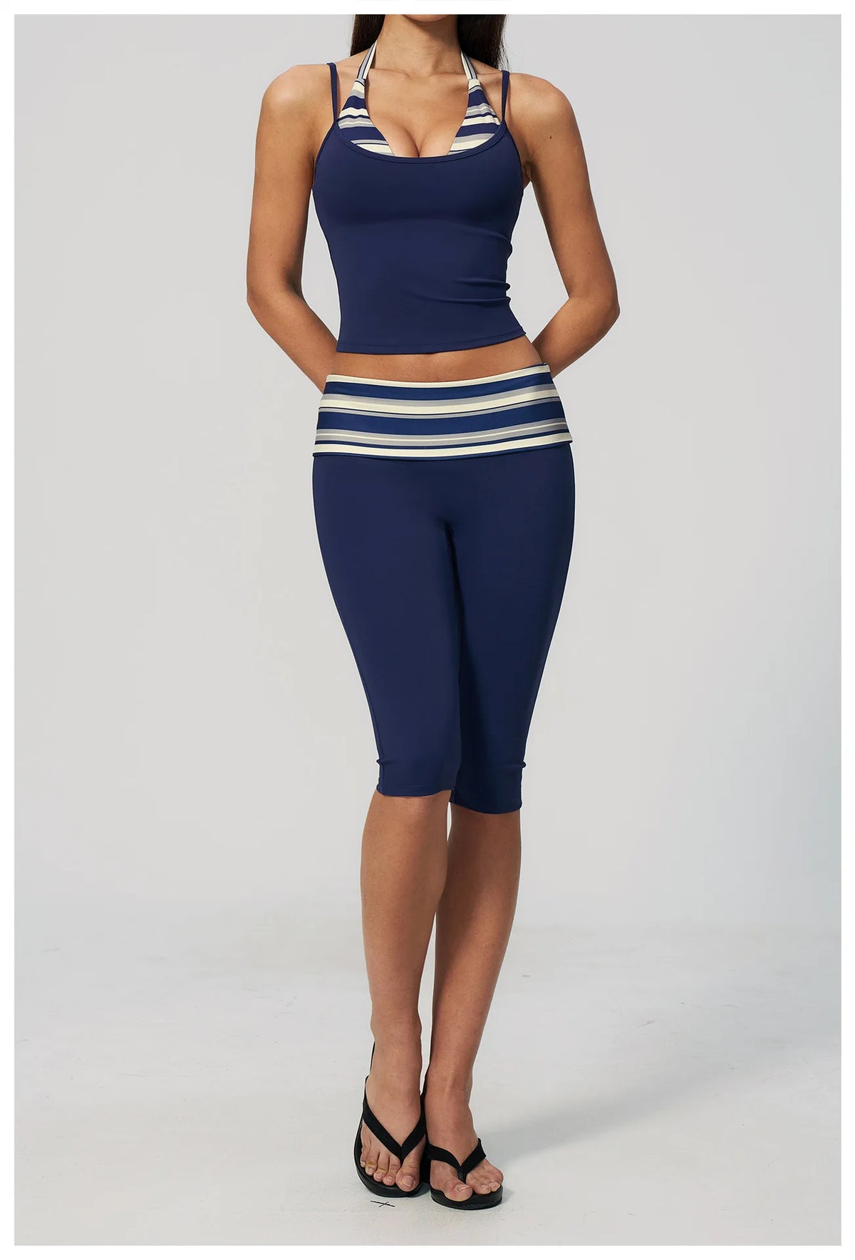 New Fake Two-piece Yoga Sets Women Striped Shock-absorbing Slim Sports Tank Top Fitness Suit Gym High Waist Mid Pants Tracksuit