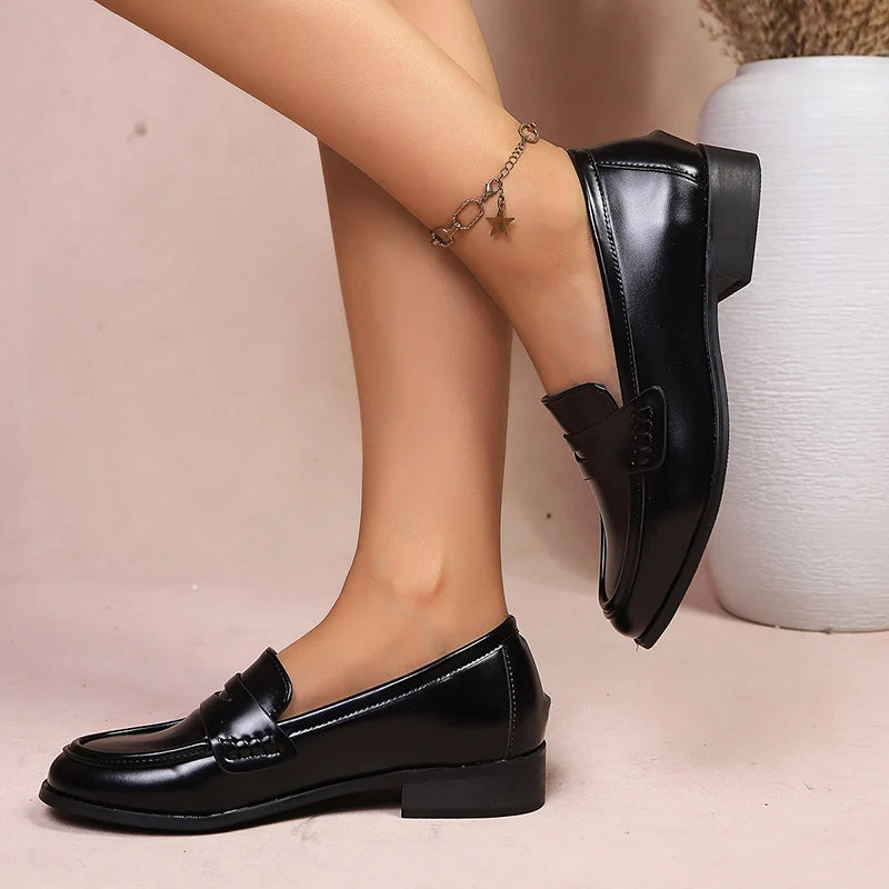 Elegant Black Pu Leather Flats Women Plus Size 42 Comfortable Low Heel Loafers Woman 2026 Slip On Dress Office Shoes Ladies