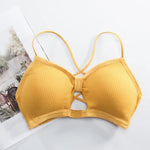 Front Hollow Out Ribbed Bralette Criss Cross Back Thin Straps Removable Chest Pads Wireless Bra Breathable Daily Underwear