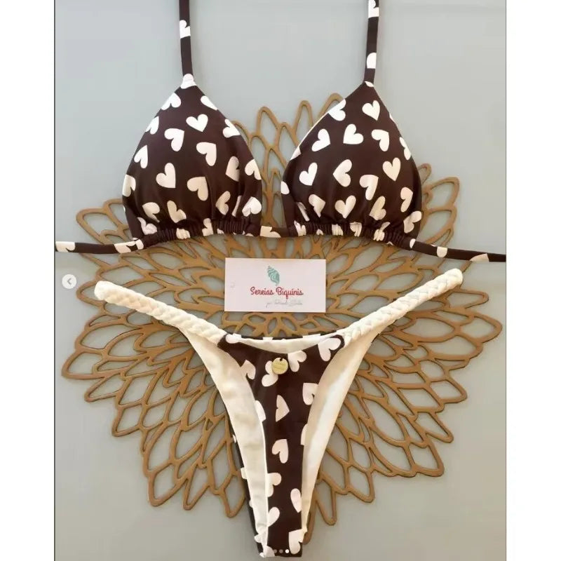 2026 Swimwear Women CuteCherry Print Brazilian Thong Bikini Set Sexy Thong Swimsuit Two Pieces Bathing Suit Women Beach Wear