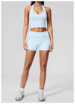 2PCS Yoga Set Women V-neck Cross Neck Shock-absorbing Sports Vest Workout Pleate Flip High Waist Shorts Gym Runing Fitness Suits