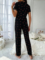 Women Sleepwear Black Lace Trim Cherry Print 2 Piece Pajamas Set Short Sleeve Top & Full-Length Pants Homewear