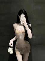 2026 Spring New Sexy Shinestone Halter Neck Backless Slim Fit Waist-Cinching Bodycon Dress Pure Desire Charming Pure Desire FJZ8
