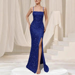 Women's Sparkly Sequin Long Formal Dress Square Neck Backless Split Mermaid Prom Dress Spaghetti Strap Evening Party Gown