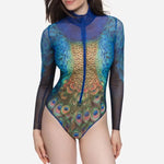 2026 Women's High Waist One Piece Swimsuit Mesh Beach Suit with Long Sleeves Sexy Printed Surfing Купальник Large Size