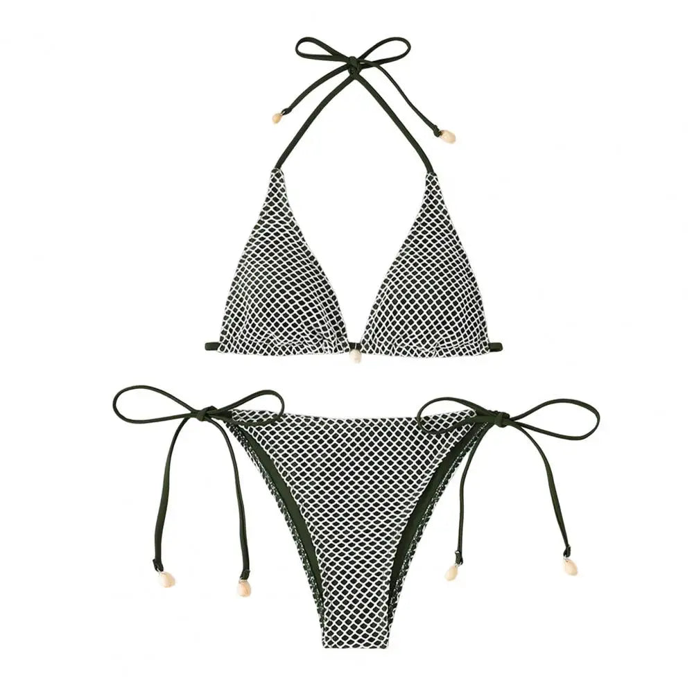 2Pcs/Set Women Bikini Set Chest Pad Push Up Halter Neck Bra Adjustable Side Straps Swimming Briefs Set Lady Mesh Summer Swimwear